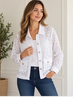 Ruby Rd White Textured Giraffe  Button Front Jacket Women’s Size 10 Linen Blend